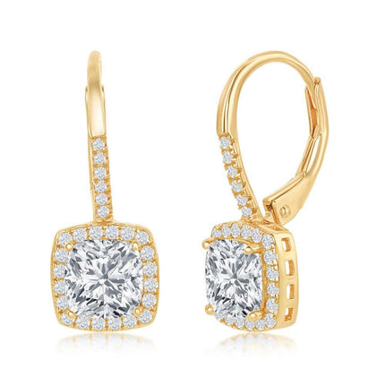 Sterling Silver Gold Plated Princess Cut CZ Dangling Earrings ,