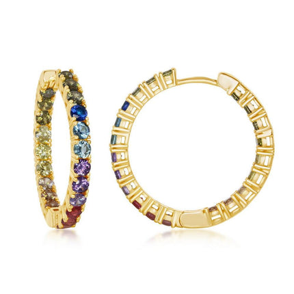 Sterling Silver Gold Plated Rainbow CZ 3x30mm Hoop Earrings ,