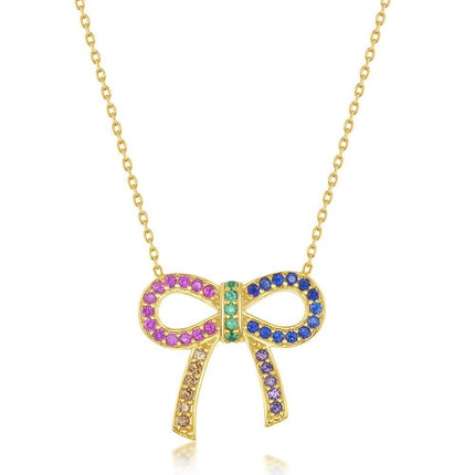 Sterling Silver Gold Plated Rainbow CZ Bowknot Necklace ,