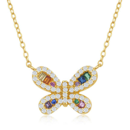Sterling Silver Gold Plated Rainbow CZ Butterfly Necklace ,