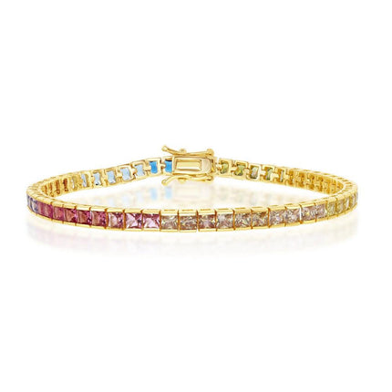 Sterling Silver Gold Plated Rainbow CZ Channel-Set Bracelet ,