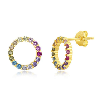 Sterling Silver Gold Plated Rainbow CZ Circle Stud Earrings ,