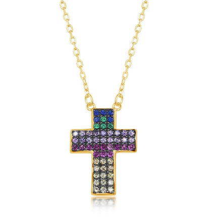 Sterling Silver Gold Plated Rainbow CZ Cross Necklace ,