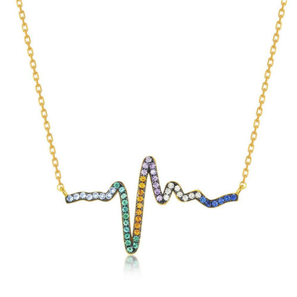 Sterling Silver Gold Plated Rainbow CZ Heartbeat Necklace ,