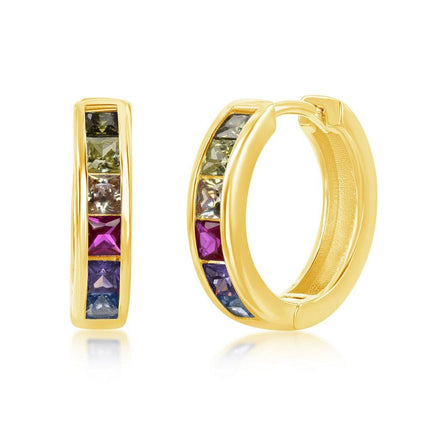 Sterling Silver Gold Plated Rainbow CZ Hoop Earrings ,