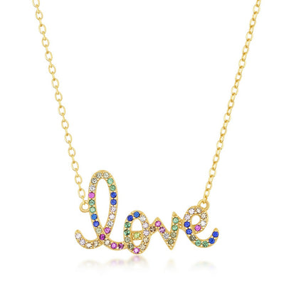 Sterling Silver Gold Plated Rainbow CZ 'Love' Necklace ,