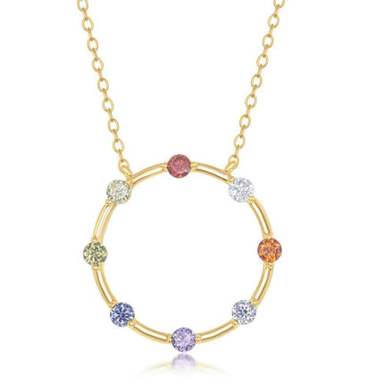 Sterling Silver Gold Plated Rainbow CZ Open Circle Necklace ,