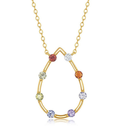 Sterling Silver Gold Plated Rainbow CZ Open Pear-Shaped Necklace ,