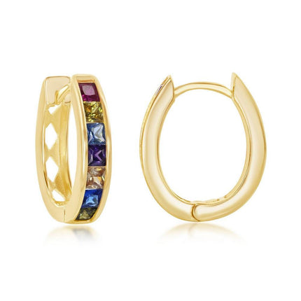 Sterling Silver Gold Plated Rainbow CZ Oval Hoops Earrings ,