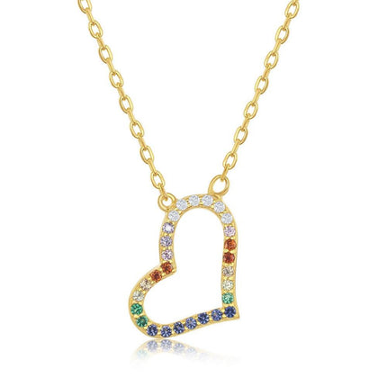 Sterling Silver Gold Plated Rainbow CZ Sideways Heart Necklace ,