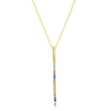 Sterling Silver Gold Plated Rainbow CZ Vertical Bar Necklace ,