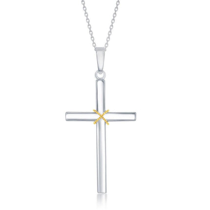 Sterling Silver Gold Plated Rope Design Solid Cross Pendant ,