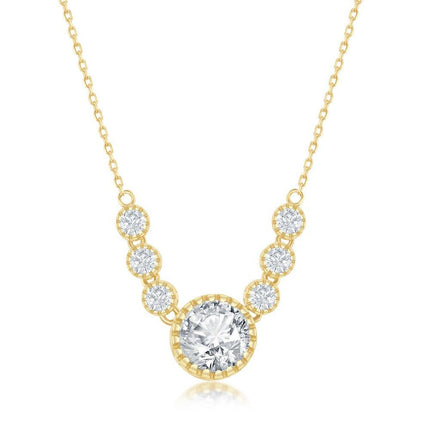 Sterling Silver Gold Plated Round Cubic Zirconia Necklace ,