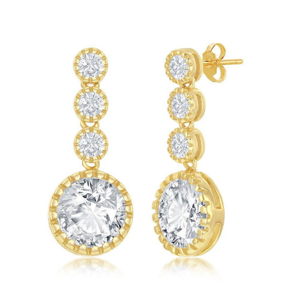 Sterling Silver Gold Plated Round CZ Dangling Earrings ,
