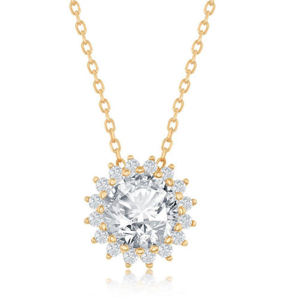 Sterling Silver Gold Plated Round Halo Flower CZ Necklace ,