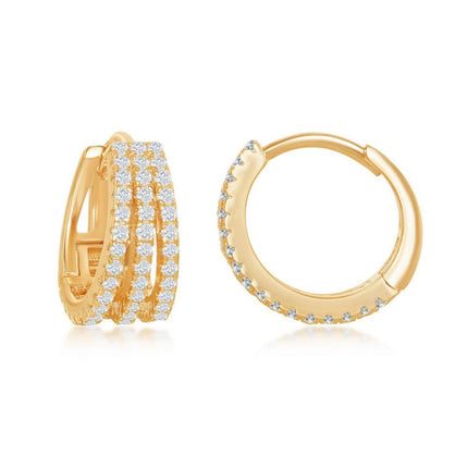 Sterling Silver Gold Plated Triple Row CZ Hoop Earrings ,