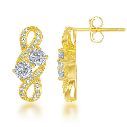 Sterling Silver Gold Plated Two-Stone CZ Earrings ,
