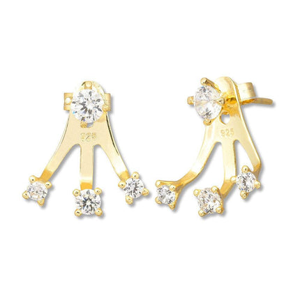 Sterling Silver Gold Round Triple CZ Back Earrings ,
