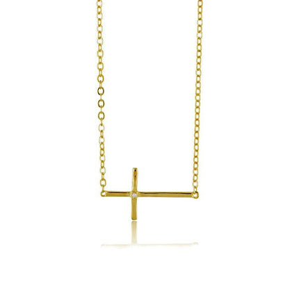 Sterling Silver Gold Sideways Cross CZ Necklace ,