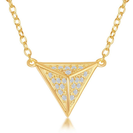 Sterling Silver Gold Triangular Pyramid CZ Necklace ,