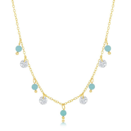 Sterling Silver GP Alternating Created Turquoise and CZ Necklace ,