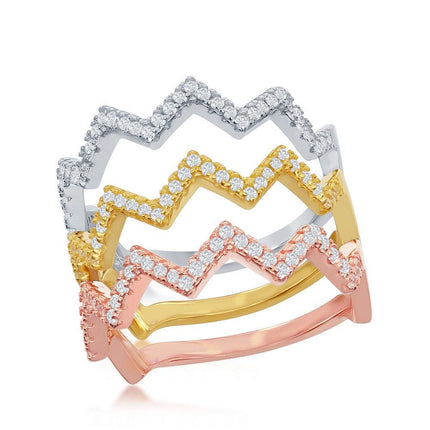 Sterling Silver GP and Rose GP CZ Wavy Triple Band Ring, Size 8 ,