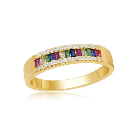 Sterling Silver GP Baguette Rainbow and White CZ Ring, Size 7 ,
