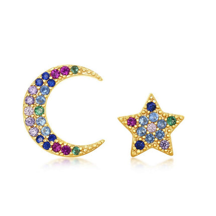 Sterling Silver GP Crescent Moon and Star Stud Earrings ,
