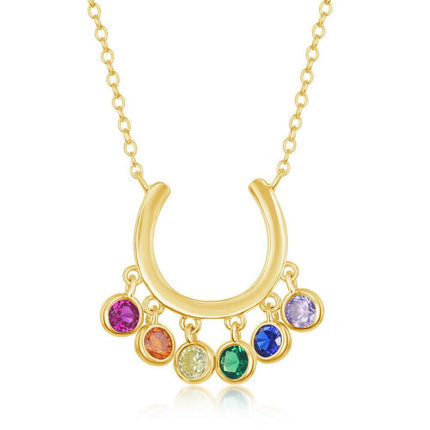 Sterling Silver GP Dangling Rainbow CZ Horseshoe Necklace ,