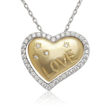 Sterling Silver GP Heart with CZs and LOVE Inscription Inside Open CZ Heart Necklac ,