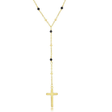Sterling Silver GP Onyx and Plain Beads Cross Rosary Necklace ,