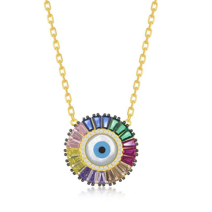 Sterling Silver GP Rainbow Baguette CZ Evil Eye Disc Necklace ,