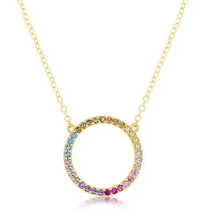 Sterling Silver GP Rainbow CZ Circle of Life Necklace ,