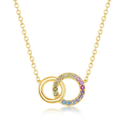 Sterling Silver GP Rainbow CZ Double Linked Circle Necklace ,