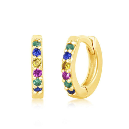 Sterling Silver GP Rainbow CZ Small Huggie Hoop Earrings ,