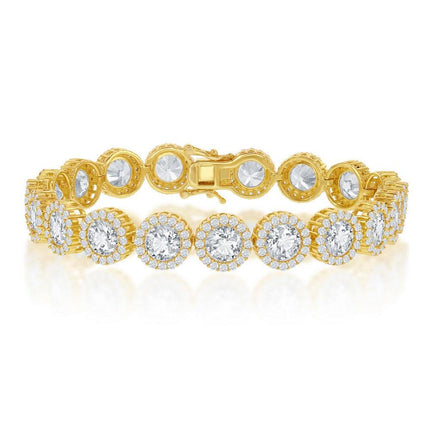 Sterling Silver GP Round Halo CZ Linked Bracelet, 7.5" ,