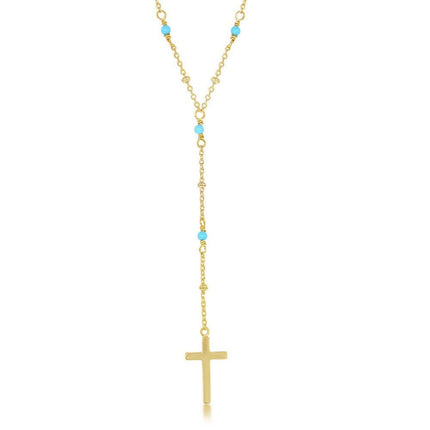 Sterling Silver GP Turquoise and GP Plain Beads Cross Necklace ,