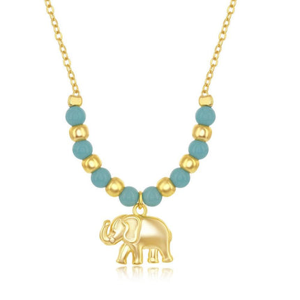Sterling Silver GP Turquoise & Plain Bead Elephant Charm Necklace ,