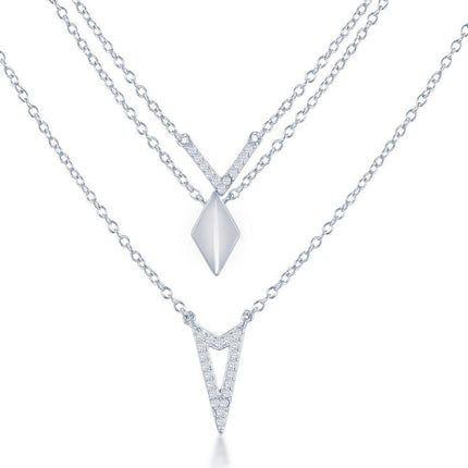 Sterling Silver Graduating Triple Chain with CZ Necklace ,