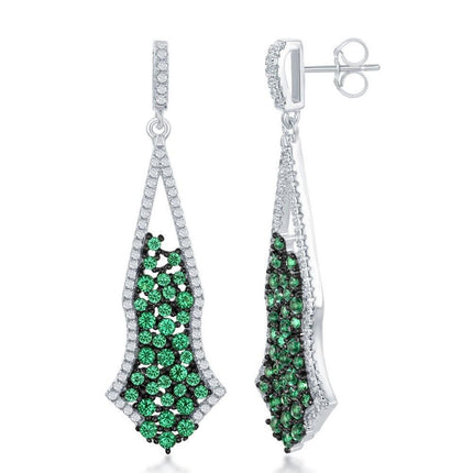 Sterling Silver Green CZ Center Long Earrings ,