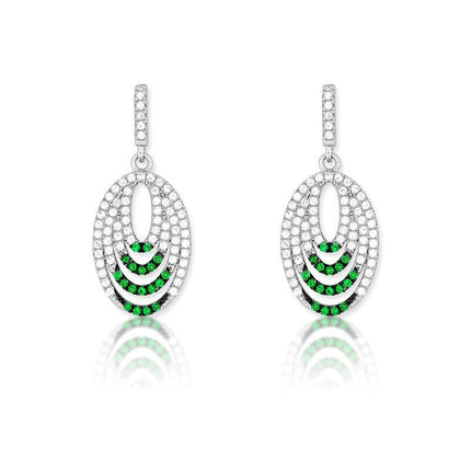 Sterling Silver Green CZ Micro Pave Oval Earrings ,