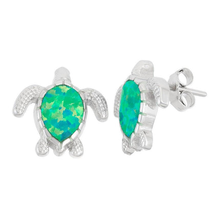 Sterling Silver Green Inlay Opal Turtle Earrings ,