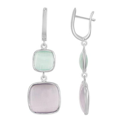 Sterling Silver Green Square and Grey Square Cat's Eye Earrings ,