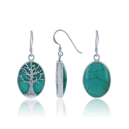Sterling Silver Green Turquoise with Tree Earrings ,