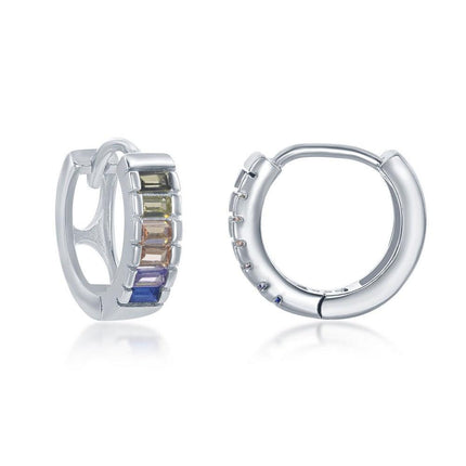 Sterling Silver Half Center Channel Set Rainbow CZ Hoop Earrings ,