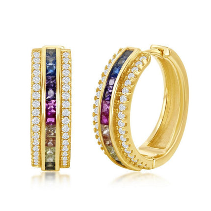 Sterling Silver Half Center Gold Hoop Earrings ,