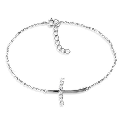 Sterling Silver Half CZ Curved Sideways Cross Bracelet, 7" ,