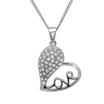 Sterling Silver Half CZ Heart and Half Open with Love Necklace ,