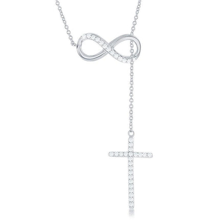 Sterling Silver Half CZ Infinity with Hanging CZ Cross Lariat Necklace ,