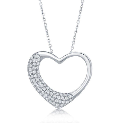 Sterling Silver Half Micro Pave Open Heart Pendant ,
